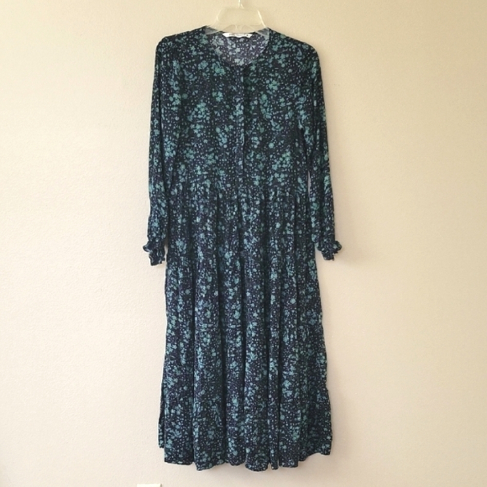 Zara The Angel Green Floral Tiered Prarie Dress Prarie Cottagecore - Size Medium